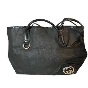 Gucci Black Canvas Tote with Gold Accents